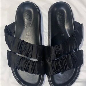 Zara Black Ruched Strap Slide Sandals